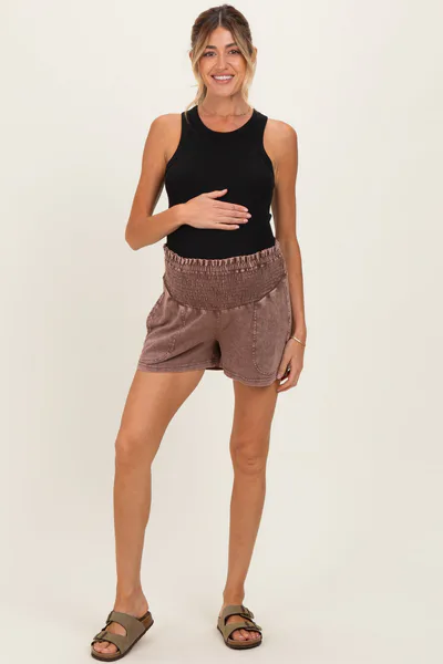 PinkBlush Chocolate Smocked Waist Mineral Wash Maternity Shorts