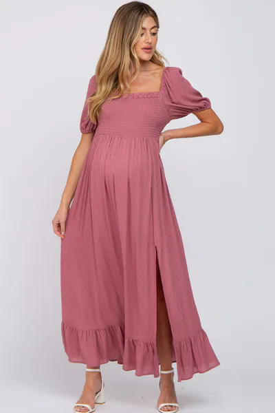 PinkBlush Mauve Swiss Dot Square Neck Smocked Maternity Maxi Dress