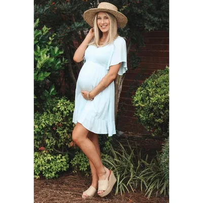 Target Pinkblush Light Blue Smocked Front Ruffle Hem Maternity Dress Large