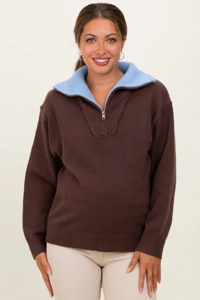 PinkBlush Brown Contrast Collar Half Zip Maternity Sweater