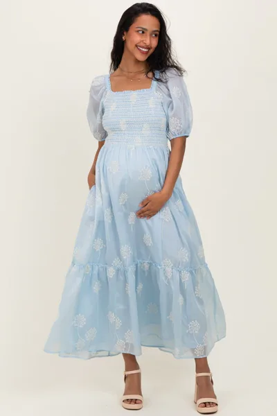 PinkBlush Light Blue Embroidered Floral Smocked Maternity Maxi Dress