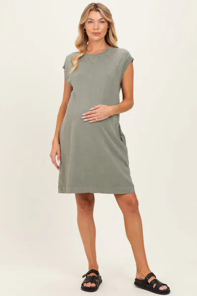 PinkBlush Olive Garment Washed Casual Capped Sleeve Maternity Dress