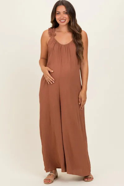 PinkBlush Cappucino Ruffle Strap Maternity Wide Leg Jumpsuit
