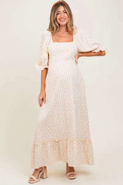 PinkBlush Beige Floral Print Square Neckline Maternity Maxi Dress