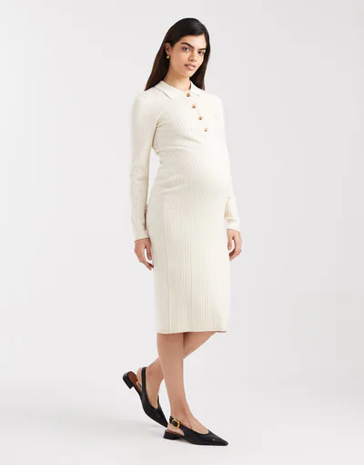 ASOS Mamalicious Maternity long sleeve 2 function nursing ribbed button front midi dress in cream