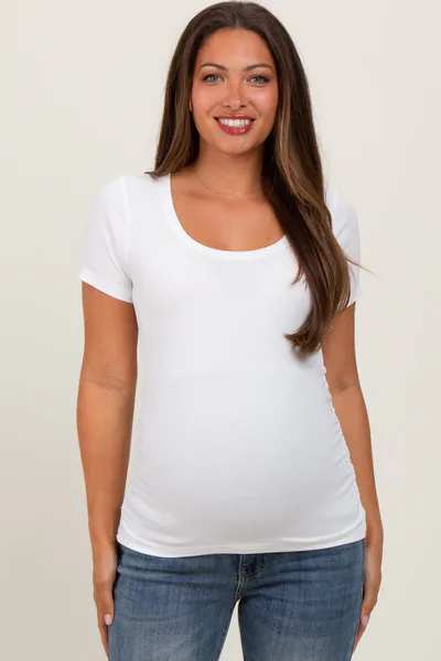 PinkBlush White Ribbed Scoop Neck Short Sleeve Maternity Top