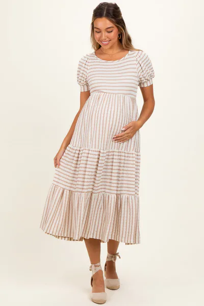 PinkBlush Cream/ Mocha Striped Short Sleeve Tiered Maternity Maxi Dress