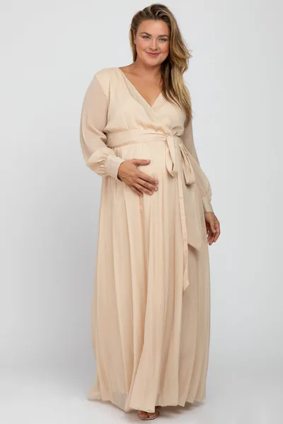 PinkBlush Cream Metallic Chiffon Maternity Plus Maxi Dress