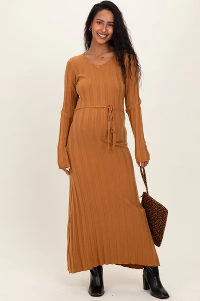 PinkBlush Camel Ribbed Wait Tie Maternity Midi Dress