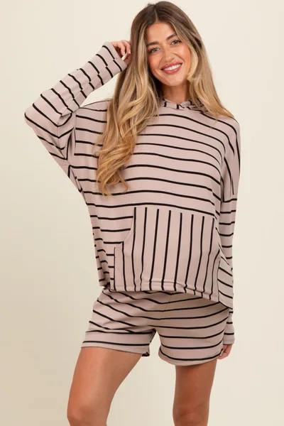 PinkBlush Mocha Cozy Striped Ribbed Two-Piece Maternity Lounge Set