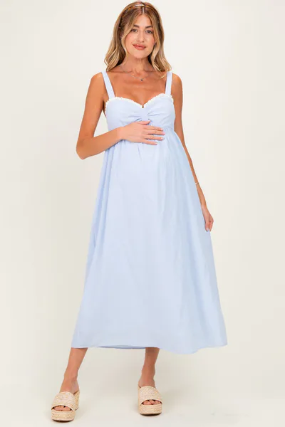 PinkBlush Blue Ruffle Trim Sweetheart Neckline Maternity Midi Dress