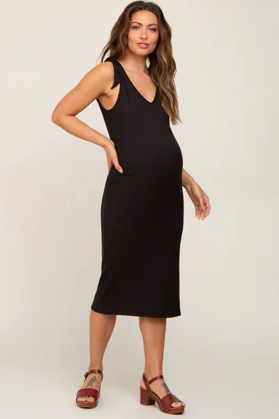 PinkBlush Black Ribbed Shoulder Tie Maternity Midi Dress