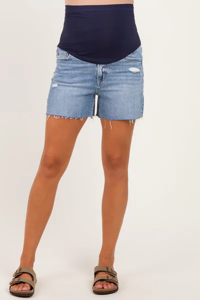PinkBlush Blue Medium Wash Raw Hem Maternity Denim Shorts