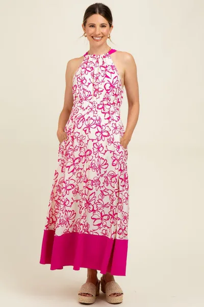 PinkBlush Fuchsia Floral Bow Tie Sleeveless Maternity Midi Dress