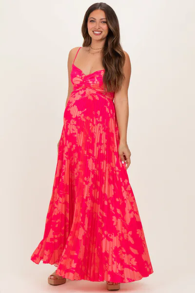 PinkBlush Fuchsia Floral Pleated Satin Maternity Maxi Dress