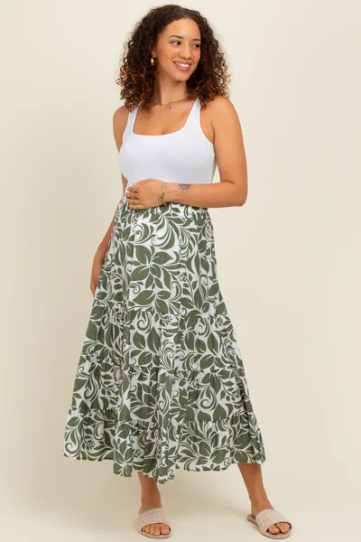 PinkBlush Olive Floral Tiered Maternity Maxi Skirt
