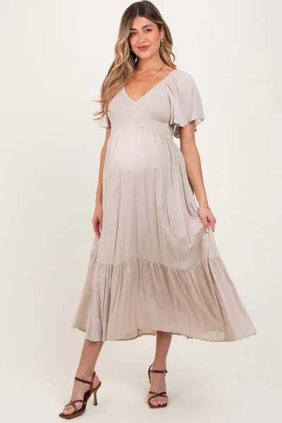 PinkBlush Cream Smocked Flutter Sleeve Midi Dress