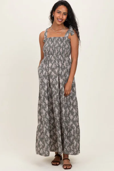 PinkBlush Light Olive Floral Shoulder Tie Maternity Maxi Dress