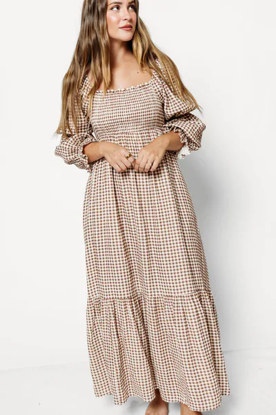 Worth Collective Emerson 100% Cotton Smocked Maxi Dress with Long Sleeves in Brown Gingham - Bump Friendly *9/17 PRE-ORDER*