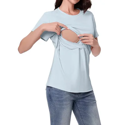 Target Womens Nursing Tops Double Layer Breastfeeding Shirts Short Sleeve Maternity Clothes,Blue,XL