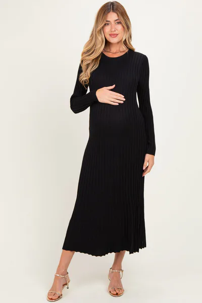 PinkBlush Black Ribbed Long Sleeve Maternity Sweater Midi Dress