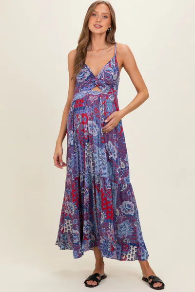 PinkBlush Navy Red V-Neck Twist Front Cut Out Maternity Maxi Dress