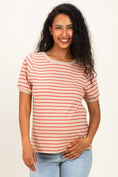 PinkBlush Tan Striped Solid Trim Maternity Tee
