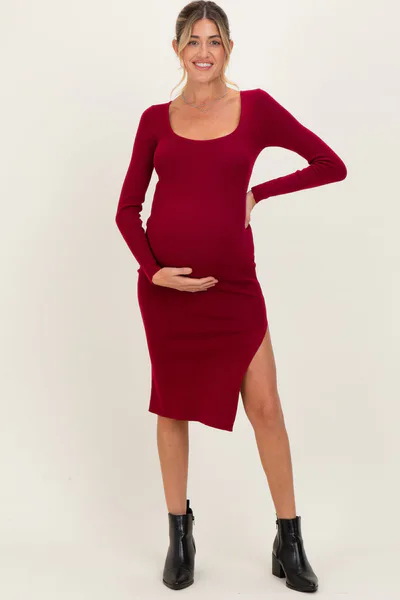 PinkBlush Burgundy Knit Square Neck Slit Maternity Midi Dress