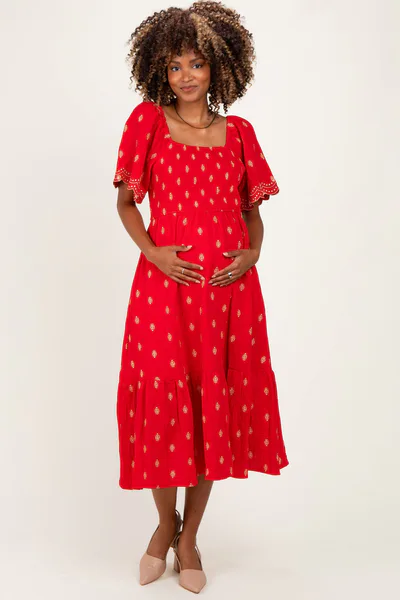 PinkBlush Red Smocked Embroidered Maternity Midi Dress