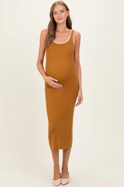 PinkBlush Mustard Contrast Stitch Detail Ribbed Maternity Sweater Dress