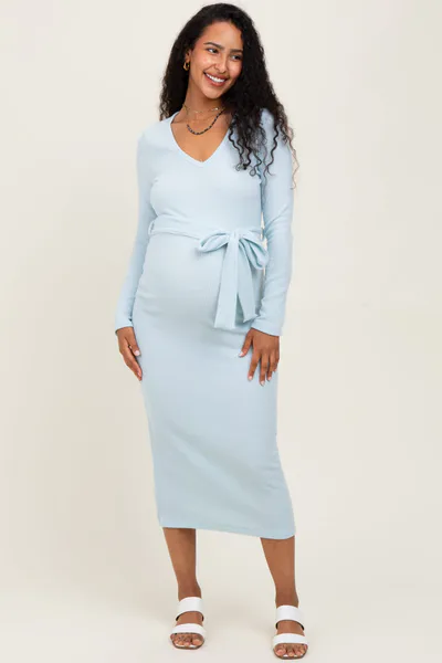 PinkBlush Light Blue Solid Brushed Rib Long Sleeve V-Neck Fitted Maternity Midi Dress