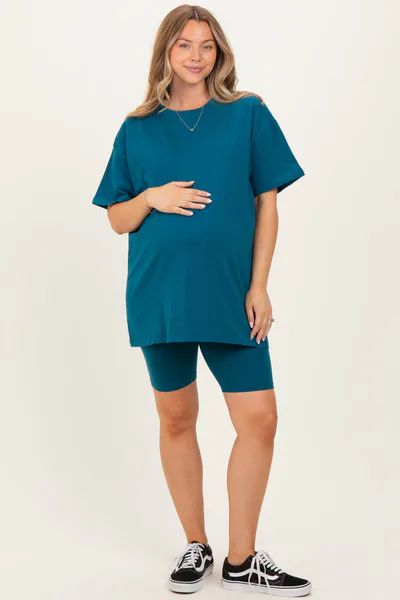 PinkBlush Teal Biker Shorts Maternity Set