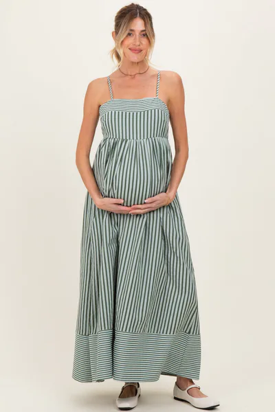 PinkBlush Olive Mixed Stripe Sleeveless Maternity Maxi Dress