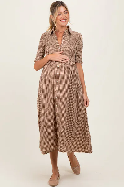 PinkBlush Mocha Gingham Smocked Button Down Maternity Midi Dress