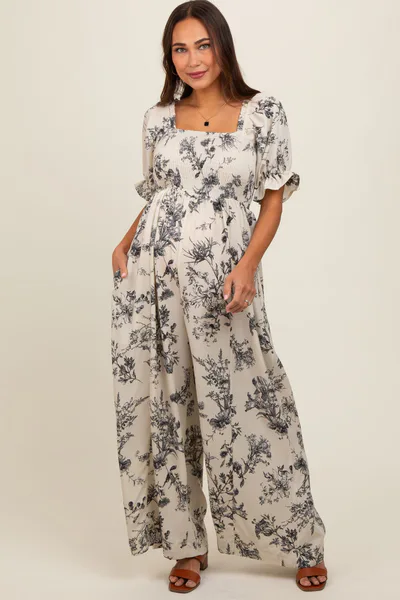 PinkBlush White Floral Smocked Square Neck Wide Leg Maternity Jumpsuit