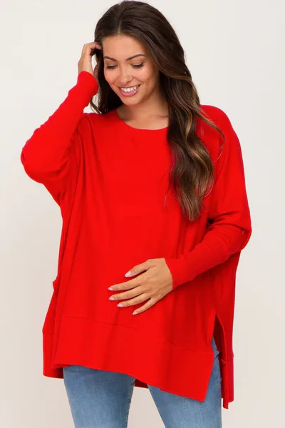 PinkBlush Red Dolman Sleeve Side Slit Maternity Sweater