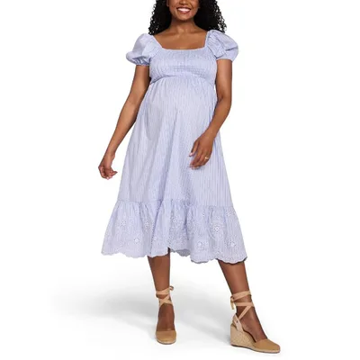Target Women's Smocked Bodice with Puff Sleeves Maternity Midi Dress - Blue Stripe - Size: X Large - Motherhood Maternity