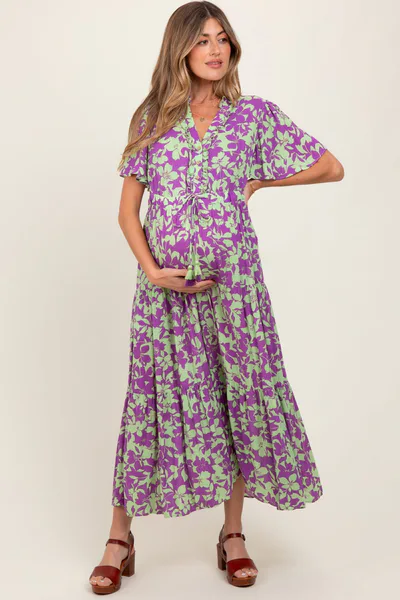 PinkBlush Mint Green Button Ruffle Detail Maternity Maxi Dress