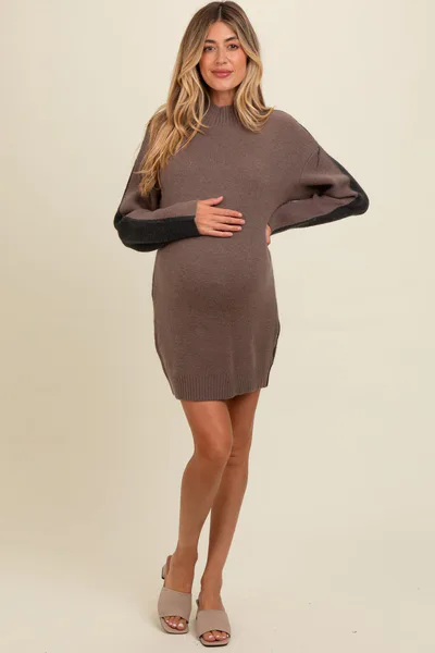 PinkBlush Mocha Colorblock Mock Neck Maternity Sweater Dress