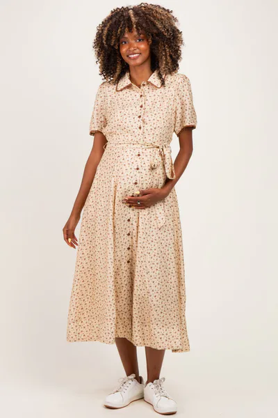 PinkBlush Buttercream Floral Button Down Tie Waist Maternity Midi Dress