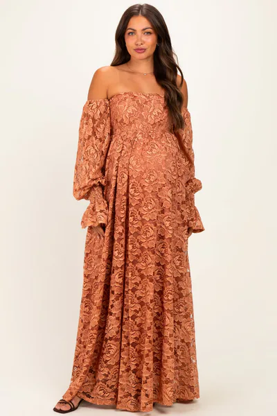 PinkBlush Rust Lace Off Shoulder Long Sleeve Maternity Maxi Dress