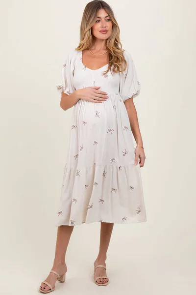 PinkBlush Cream Ribbon Print Smocked Maternity Midi Dress
