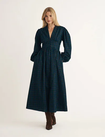 For The Creators Navy Cord Check Starlight Midi Dress