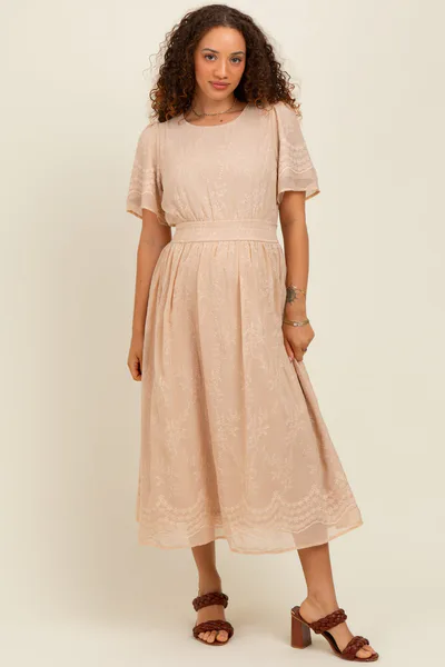 PinkBlush Beige Floral Embroidered Maternity Midi Dress