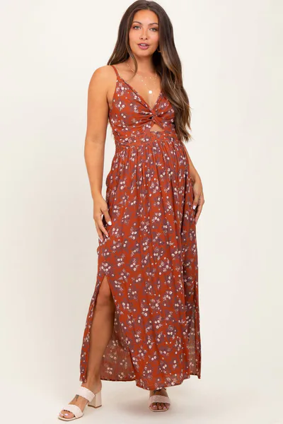 PinkBlush Rust Floral Twist Front Cutout Maternity Maxi Dress