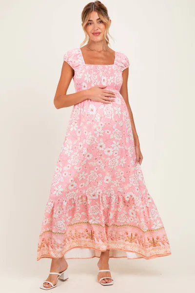 PinkBlush Pink Floral Smocked Maternity Maxi Dress