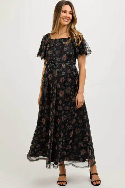 PinkBlush Black Floral Waist Tie Maternity Midi Dress