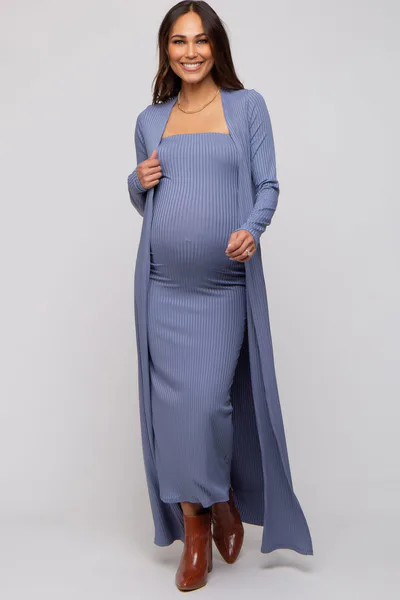 PinkBlush Blue Ribbed Sleeveless Dress Cardigan Maternity Set