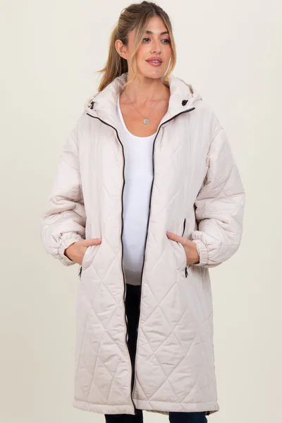 PinkBlush Beige Quilted Long Maternity Puffer Jacket