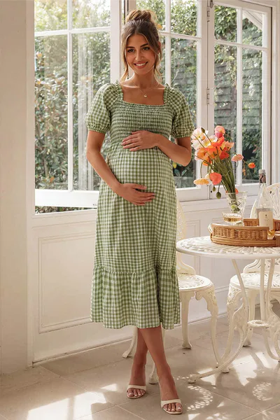 Summer Mae Summer Mae Gingham Maternity Midi Dress | Smocked Bust Puff Sleeve Bump Friendly Cottagecore Dress